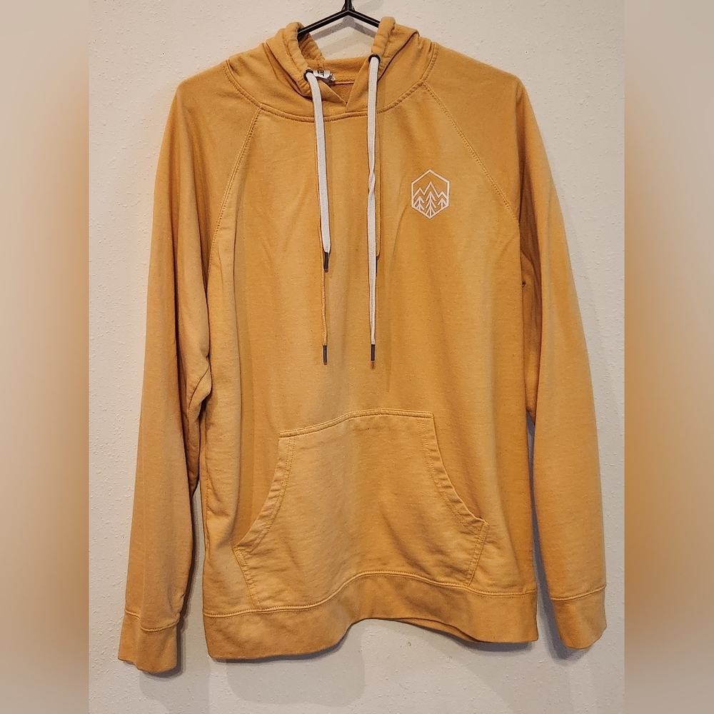 Mustard Hooded Pullover Sweatshirt with Mountain Logo